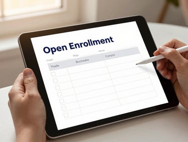 Clean digital mockup of an open enrollment checklist on a tablet, with hands holding a stylus, soft golden-hour light, blush and navy tones.