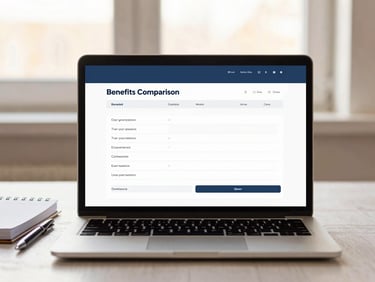 Clean digital mockup of a benefits comparison worksheet on a laptop screen, with a planner and pen nearby, soft golden-hour light, blush and navy tones.