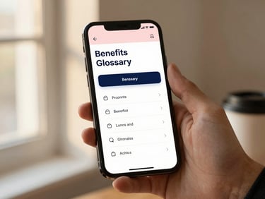 Clean digital mockup of a benefits glossary app interface on a smartphone, with a person's hand holding a coffee cup, soft golden-hour light, blush and navy tones.