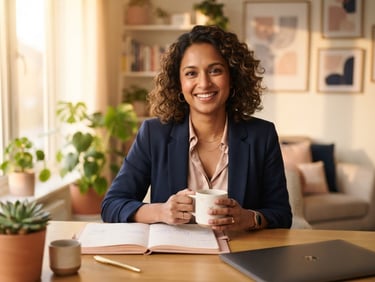Warm, professional portrait of a diverse woman (the founder) smiling confidently in a bright home office, holding a coffee cup, with a planner open on her desk, soft golden-hour window light, shallow depth of field, blush and navy tones.