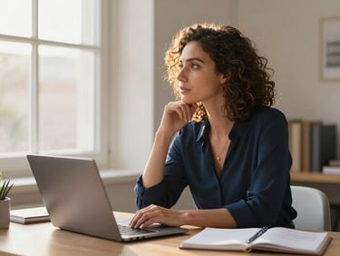 A diverse working woman looking thoughtfully out a window in a bright home office, soft golden-hour light, a laptop and planner on her desk, shallow depth of field.