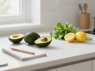Bright minimalist kitchen counter with fresh avocados, halved lemons, leafy greens, and a clean notebook with a wooden pen, soft daylight
