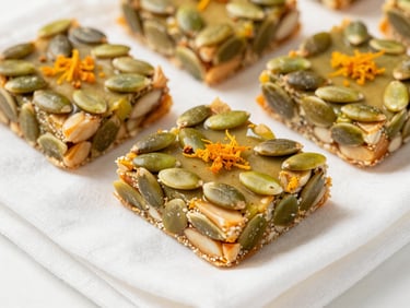 Macro shot of hand-pressed seed bars with pumpkin seeds, almonds, and orange zest on a clean white linen napkin, bright daylight