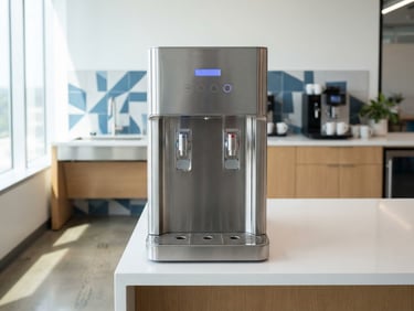 Straight-on medium shot of a sleek stainless steel bottleless water cooler in a modern well-lit office breakroom, clean blue and silver tones, sharp focus, 35mm lens