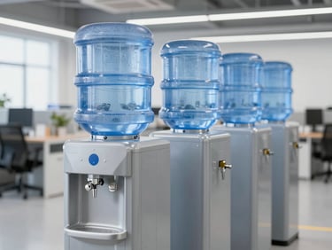 Rugged industrial water dispenser in a clean modern warehouse break area, bright commercial lighting
