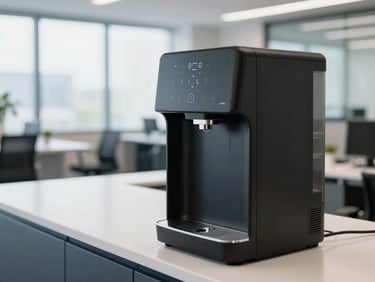 Matte black countertop water dispenser in a clean corporate lounge, bright natural light, sharp focus