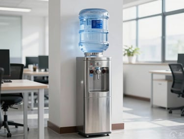 Sleek stainless steel floor-standing water cooler in a bright modern office kitchen, crisp daylight, sharp focus