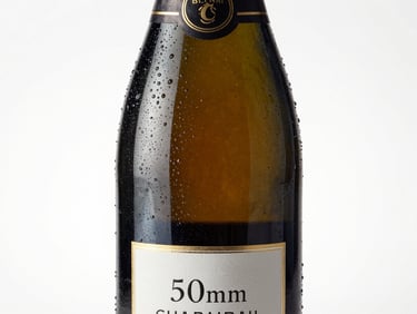 Crisp studio shot of a chilled champagne bottle with condensation, elegant label, bright and celebratory lighting.