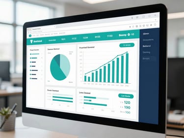 A clean, high-fidelity medical billing dashboard showing positive financial metrics, electric teal charts, and low denial rates, bright natural office daylight, 35mm