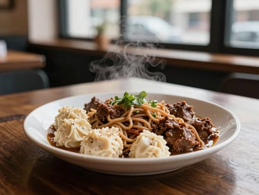Warm editorial food photography of a hearty local comfort meal steaming hot on a dark wood cafe table, shallow depth of field