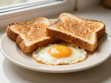 Warm editorial food photography of a freshly prepared breakfast plate with golden toast and soft eggs on a cream ceramic plate, soft daylight