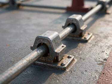 Tight macro shot of steel container rigging and heavy-duty locks on a cargo ship deck, harsh afternoon sun emphasizing metallic textures.