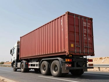 Heavy-duty flatbed truck carrying a red shipping container on an Egyptian highway, low angle dramatic framing, direct sunlight.