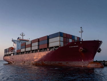 Wide-angle dramatic twilight shot of a massive burgundy container ship docking at Damietta port, metallic textures, high contrast.