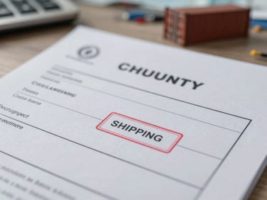 Close-up of official customs documents with a shipping stamp, sitting on a desk with a shipping container terminal visible in the background.