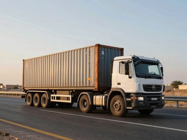 Harsh afternoon sun lighting a heavy-duty flatbed truck transporting shipping containers on an Egyptian highway, wide-angle.