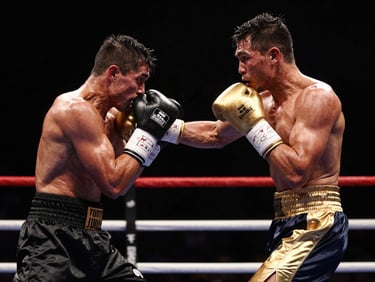 Dos boxeadores con guantes de cuero en pleno intercambio de golpes bajo focos de luz dramática en el ring