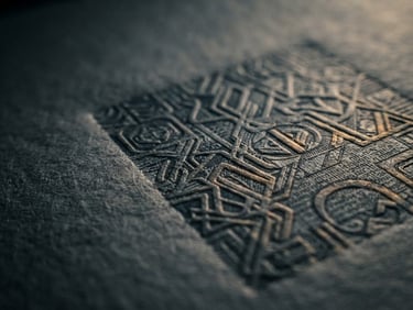 Extreme close-up of a secure corporate document watermark under dramatic low-key side-lighting, deep blue and slate tones, sharp paper fibers visible, editorial forensic photography.
