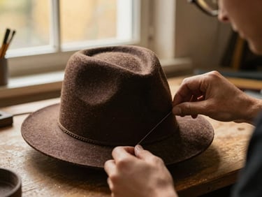 Close-up of hands working with felt on a 3D-printed hat block, warm workshop window light, rich dark brown tones