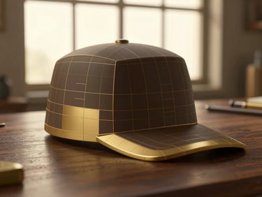 A high-fidelity 3D CAD render of a hat block showing precise wireframes and solid forms, gold and dark brown tones