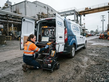 COEIE Engineering Services branded diagnostic vehicle parked on an industrial site, engineer in high-visibility gear reviewing equipment, overcast Pacific Northwest daylight, crisp focus.