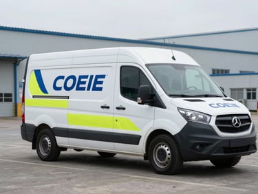 COEIE branded service vehicle parked on an industrial site, high-visibility markings, overcast daylight, sharp focus.