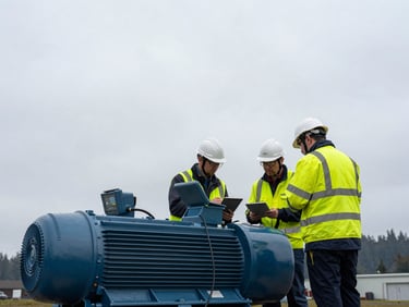 Engineers in high-visibility gear using diagnostic equipment on a large industrial motor, overcast Pacific Northwest daylight, crisp documentary photography.