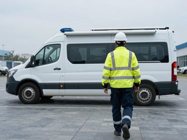 Engineer in high-visibility gear walking towards a branded service vehicle on a paved lot, overcast daylight, cool tones.