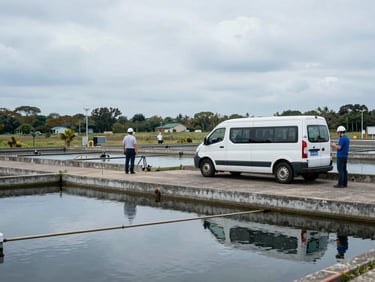 Branded service vehicle parked next to a municipal water treatment facility, engineers performing checks, wide environmental shot, overcast daylight.