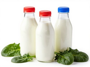 Bright high-key studio photography of cold fresh milk bottles and crisp wet spinach leaves on a clean white background, vibrant saturated colors, 50mm