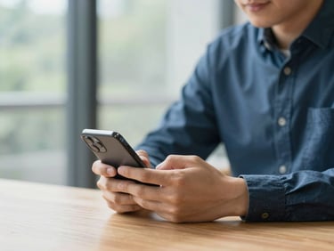 A person sitting calmly at a wooden table, holding a smartphone, looking relieved, soft natural morning light, clean professional photography