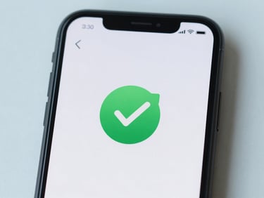Close-up of a smartphone screen displaying a secure payment confirmation with a green checkmark, clean daylight