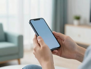 Hands holding a smartphone in a bright, modern living room, soft natural light, peaceful atmosphere