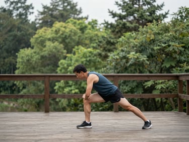 A runner stretching on a wooden deck surrounded by forest trees, soft natural overcast morning light, 35mm