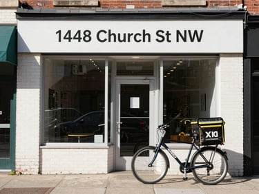 Documentary-style street shot of the storefront at 1448 Church St NW, clean brick facade, courier bike parked outside, bright daylight