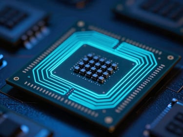 Macro shot of physical silicon processor with neon-cyan tracer lines, high contrast, cinematic depth of field, low-key blue lighting