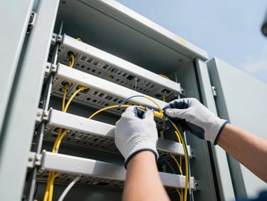 Close-up shot of an EIG Wireless technician's gloved hands meticulously connecting fiber optic cables inside a telecommunications equipment cabinet. Bright, high-contrast daylight, focus on the intricate work, industrial editorial photography.