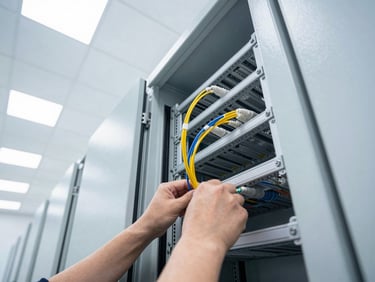 Close-up of a technician's hands working on fiber optic cables inside a network cabinet, clean and structured office environment, bright high-contrast daylight, industrial editorial photography
