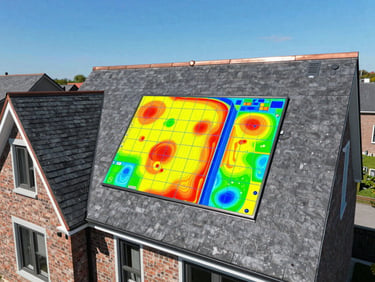 High-resolution drone shot overlooking a residential roof mapping software grid overlay, showing precise thermal diagnostics under bright clear sun, 35mm
