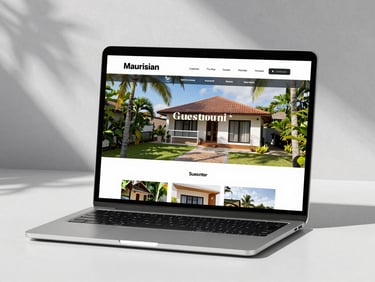 A high-resolution wide mockup of a modern Mauritian guesthouse website displayed on a sleek laptop screen, tropical daylight shadow, clean background.