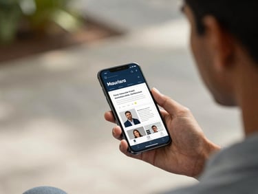 An over-the-shoulder view of a Mauritian business owner holding a smartphone, displaying a fast-loading local retail website under bright, natural daylight.