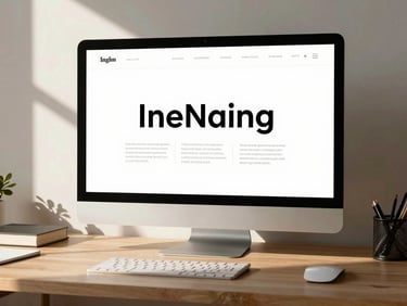 Minimalist workspace with clean typography layouts on a high-contrast display, warm natural light shadows