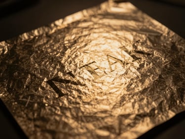 Dramatic close-up of premium metallic-foiled brand assets under warm spotlighting, showcasing rich texture and depth, high contrast.
