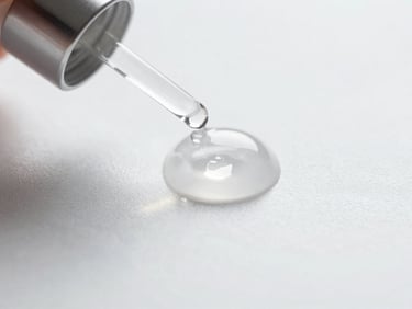 Close-up detail of clinical skincare serum droplets on a clean, reflective sterile white surface, precise laboratory lighting.
