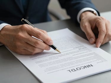 Close-up of a professional's hands holding a printed loan contract on a desk, pen resting beside it, sharp studio lighting, no faces visible