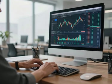 Medium shot of hands on a keyboard with a financial dashboard visible on a desktop monitor, clean modern Italian office interior, cool daylight