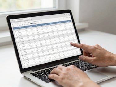 Close-up of hands scrolling a loan amortization table on a laptop screen, clean desk surface, bright daylight from a side window, financial figures clearly visible on screen