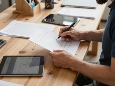 Medium shot of a small business owner reviewing documents at a wooden desk in a real workshop environment, natural light, papers and a tablet showing numbers