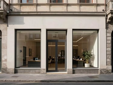 Wide shot of a professional office storefront facade in an Italian city street, clear daylight, entrance visible, no people, clean architectural lines