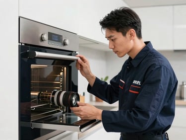 Straight-on medium shot of a focused technician in a clean, branded navy uniform calibrating a high-end built-in kitchen oven, bright clinical lighting, clean workspace